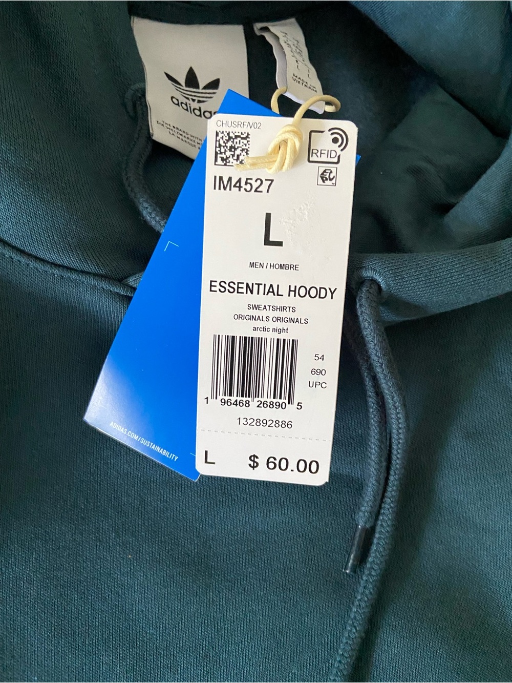 NWT - Adidas Men's Arctic Night Teal Hoodie Sweatshirt - Trefoil Logo - Large - Picture 4 of 14